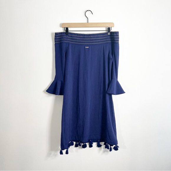 Cabana Life Navy Terry Off the Shoulder Dress Mini Tassel Medium - Picture 5 of 8